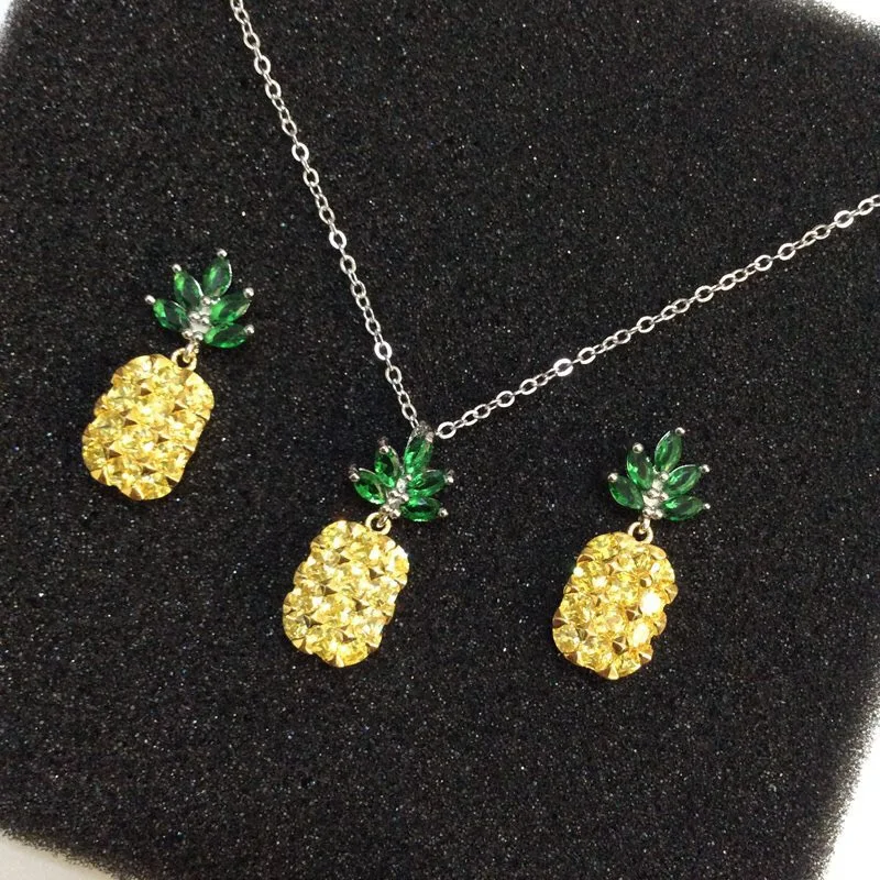 

Fashional Necklace And Earring Pineapple Design Micro Pave Jewelry Set, Yellow;pink;purple