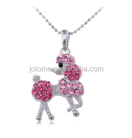 

Custom pink crystal rhinestone dog poodle charm necklace jewelry pendant for women