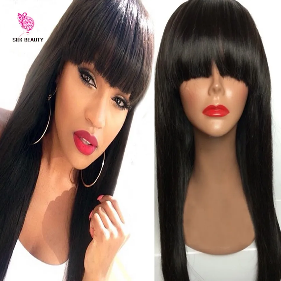 

Hot Selling Peruvian Hair Full Fringe Wig Human Hair Glueless Full Lace Wig With Bangs Bleached Knots Wig For Black Women, Natural color lace wig