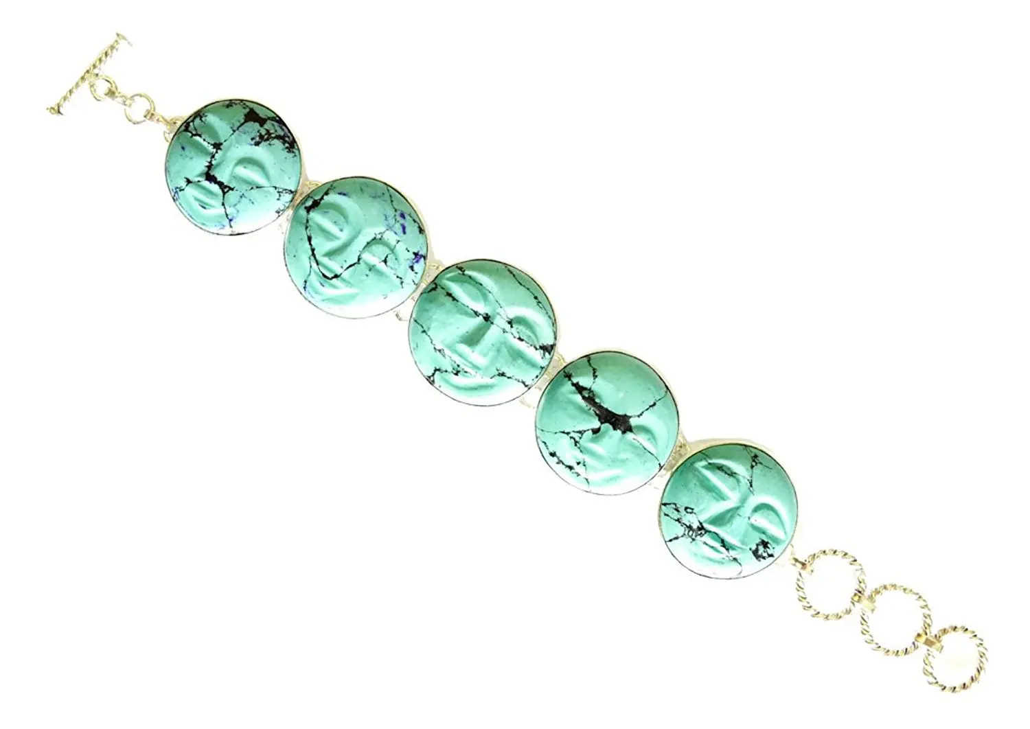 ROUND TURQUOISE FACE ENGRAVED GEMSTONE LINK BRACELET 925 SILVER OVERLAY HANDMADE BRACELET BY ARTISAN