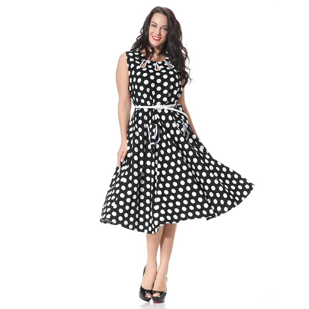 

Good Quality Casual Ladies Sleeveless Polka Dot Party Dress Round Neck Black And White 7Xl One Piece Dress Of Knee Length Casual, Black and white dress