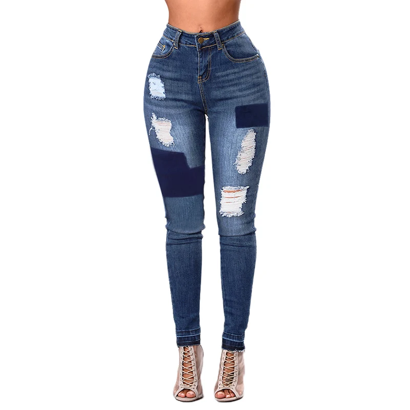 

Wholesale Blue Individual Patched Ripped Woman Jean Trousers