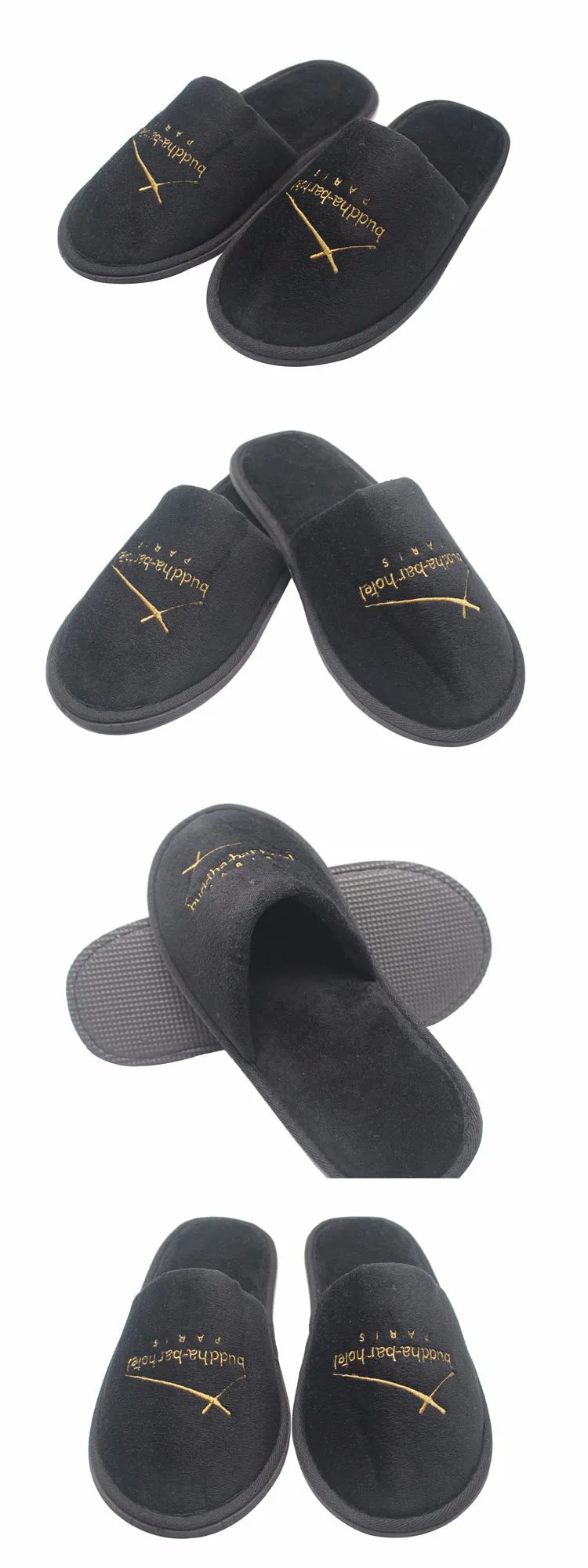Latest Design Soft Hotel Slippers Black Personalized Golden Embroidered Disposable Hotel