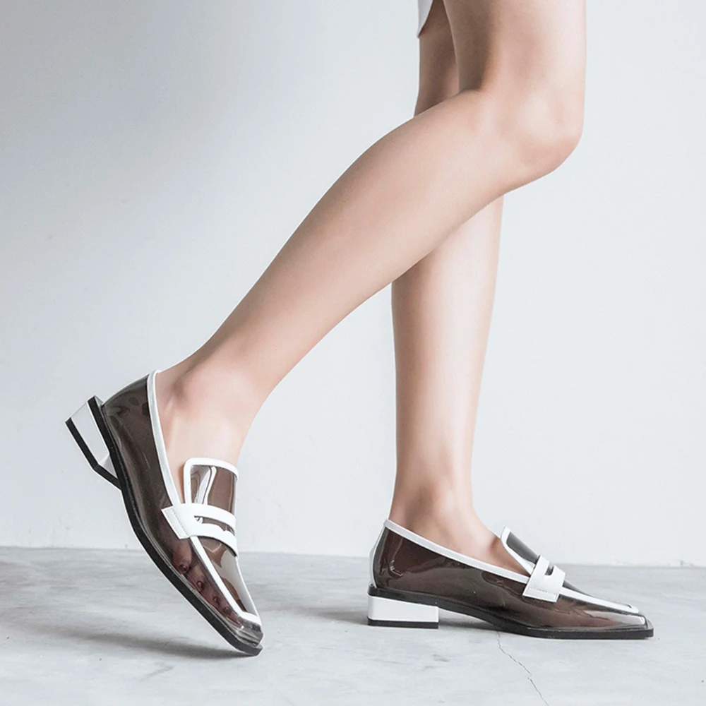 

WETKISS OEM Drop Shipping Women Footwear 2019 New Flat Shoes Squarre Toe Flat Casual Shoes Black PVC Flat Shoes for Women Ladies, Black, white
