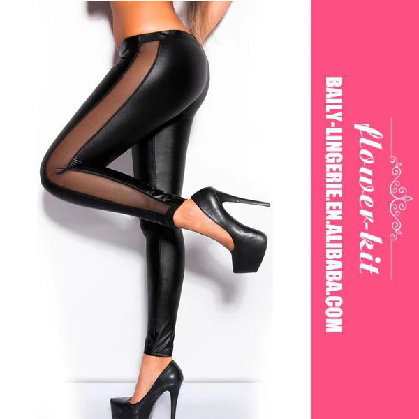 

Women Fashion Black Leather Mesh Leggings Tight Pants, As shown