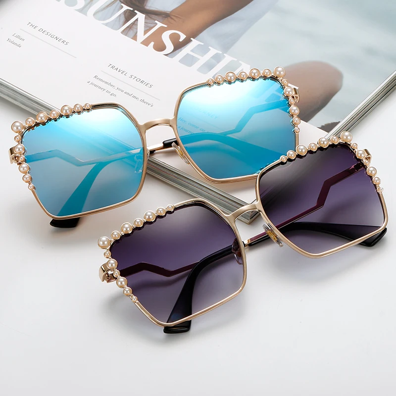 

New Selling Oversized Custom Logo Luxury Women Jewels Pearl Rhinestone Sunglasses, Customed color