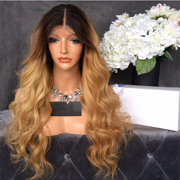 

Ombre Blonde Fashionable No Shedding Long Body Wave Human Hair Front Lace Wig