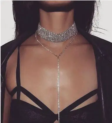 

Wiipu Multilayer Full Crystal Rhinestone Silver Plastic Choker Collar Necklace, Gold, silver