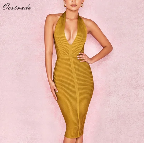 

Ocstrade Hot Sales Sexy Women Halter Yellow Bandage Dress Rib Hollow Out Bodycon Dress