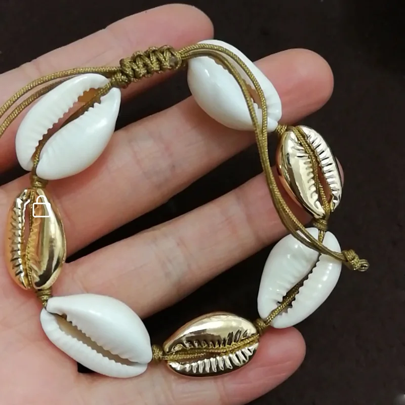 

OEM Welcome,4 Natural Seashell Shell and 3 Gold Metal Shell Bracelet Creative Handmade Cowrie Shell Charm Bracelet, As picture