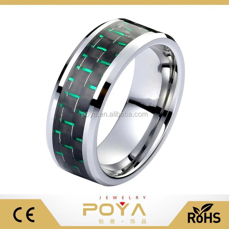 

POYA Jewelry 8mm GreenBlack Carbon Fiber Inlay Silver Tungsten Carbide Ring Comfort Fit Wedding Band