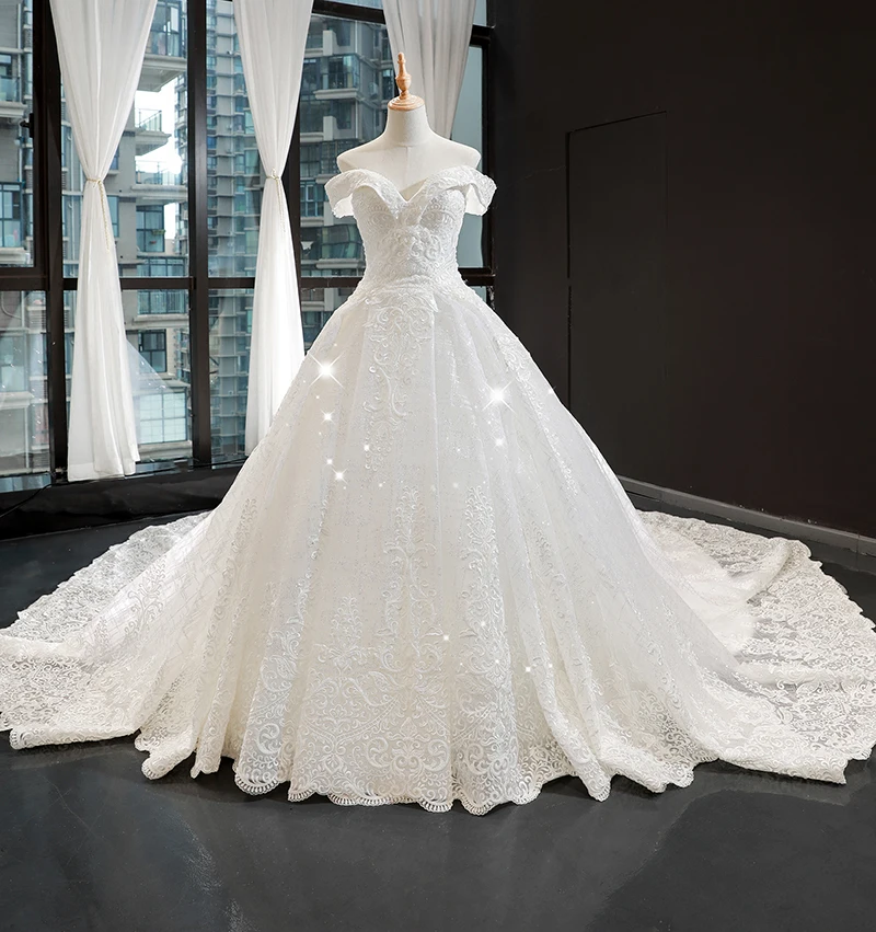 

RSM66641 real luxury v neck off shoulder elegant pattern long train high quality wedding dress bridal gown