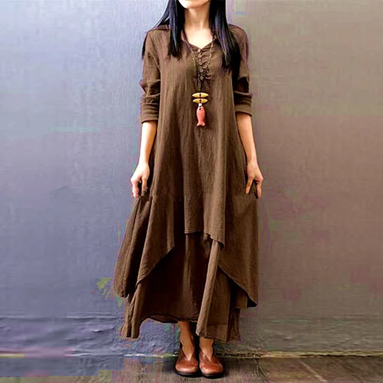 Ecowalson 2019 hot women's long sleeve solid color loose maxi dress plus size