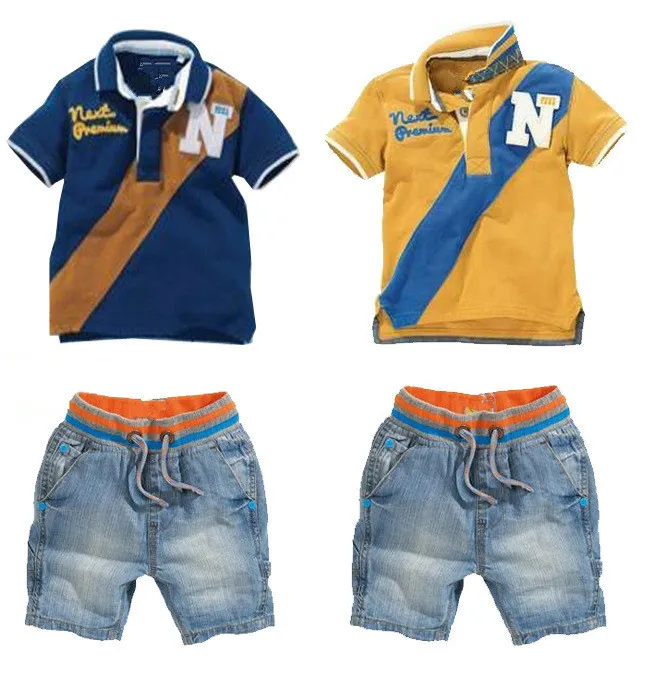

Printed T-shirts And Denim Shorts 2017 New Fashion Kids Clothing Sets, As picture