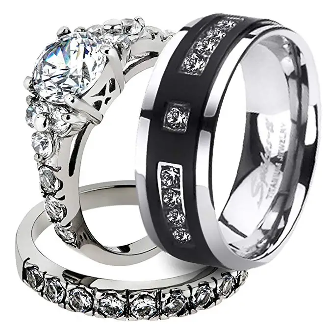 His Her Stainless Steel 2.50 Ct Cz Bridal Set & Men's Titanium Wedding Band