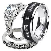 

His Her Stainless Steel 2.50 Ct Cz Bridal Set & Men's Titanium Wedding Band