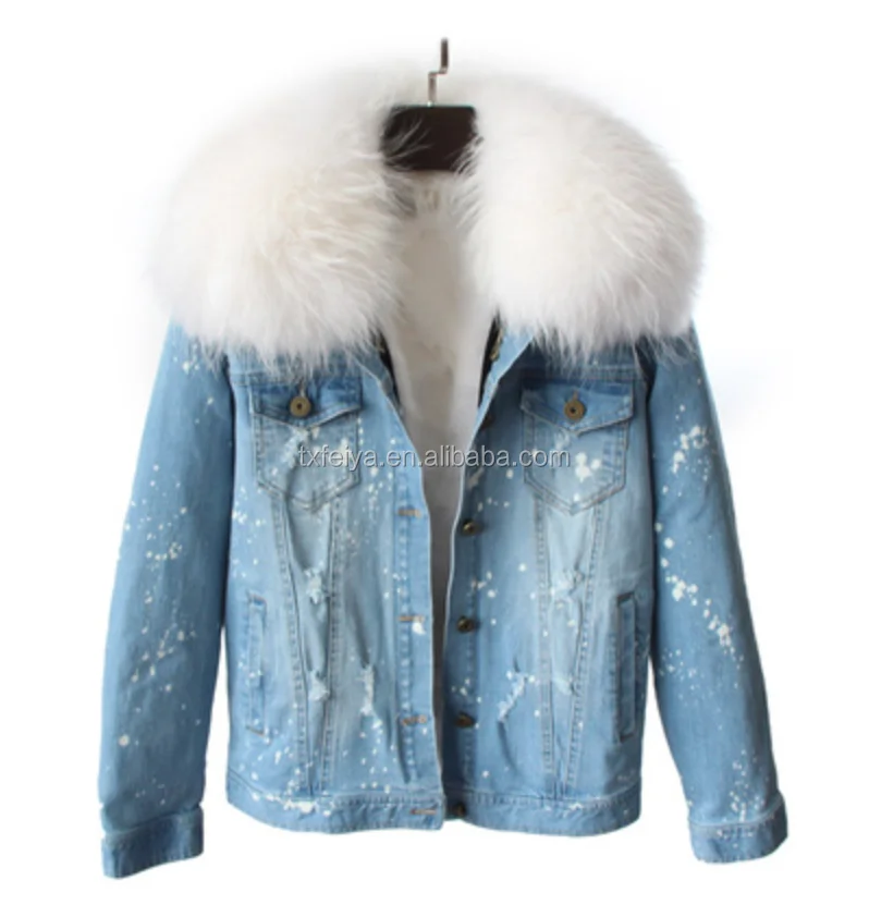 

Women Winter Jeans Short Style Denim Jacket with Real Raccoon Fur Collar Fox Lining, We can dye any color real fox fur denim jackets