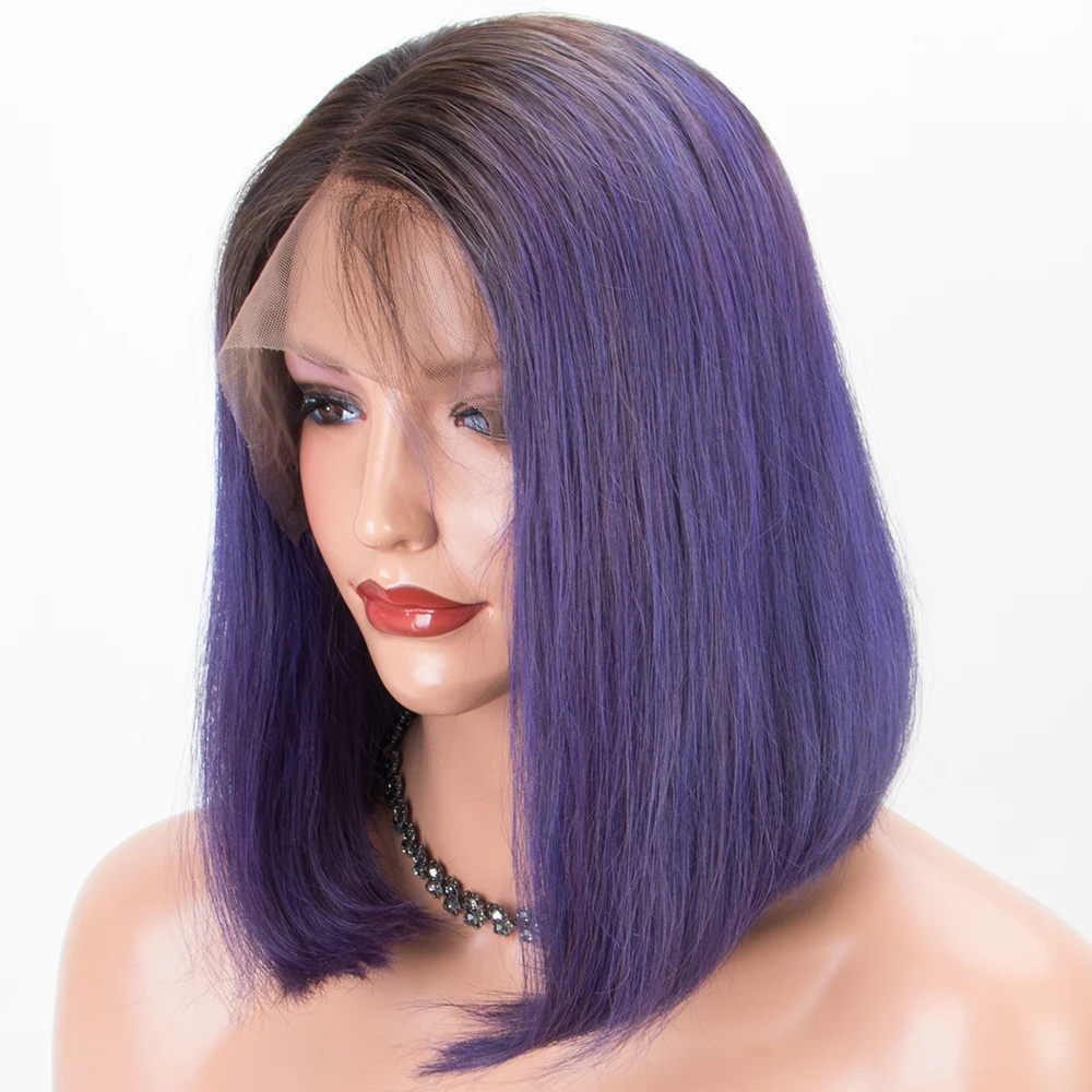 

Free Shipping Brazilian Remy Side Parting Dark Roots Purple Ombre Human Hair Wig Short Bob Lace Front Wig for African American