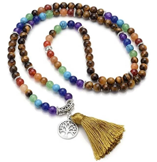 

Natural 6mm Tiger Eye 7 Chakra Mala Prayer Beads 108 Meditation Healing Bracelet/Necklace with Tree of Life Tassel Charm, 100% natural