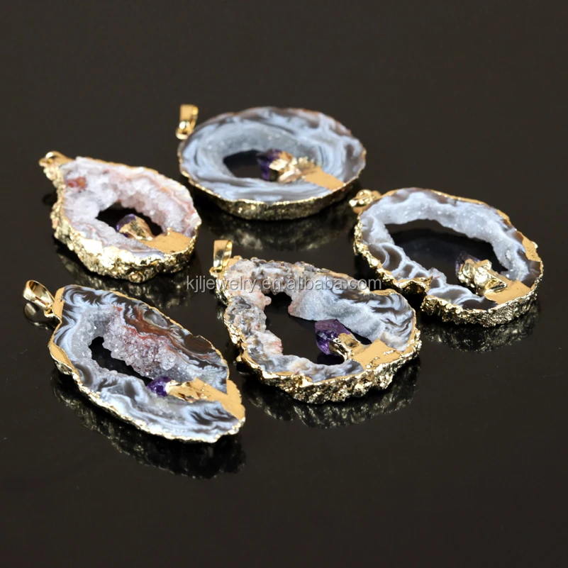 

2017 Fashion druzy Jewelry drusy Geode Druzy Agate Pendant with amethyst,nature druzy stone agate Slice Pendant with Gold Plated, Mix-colors as picture show