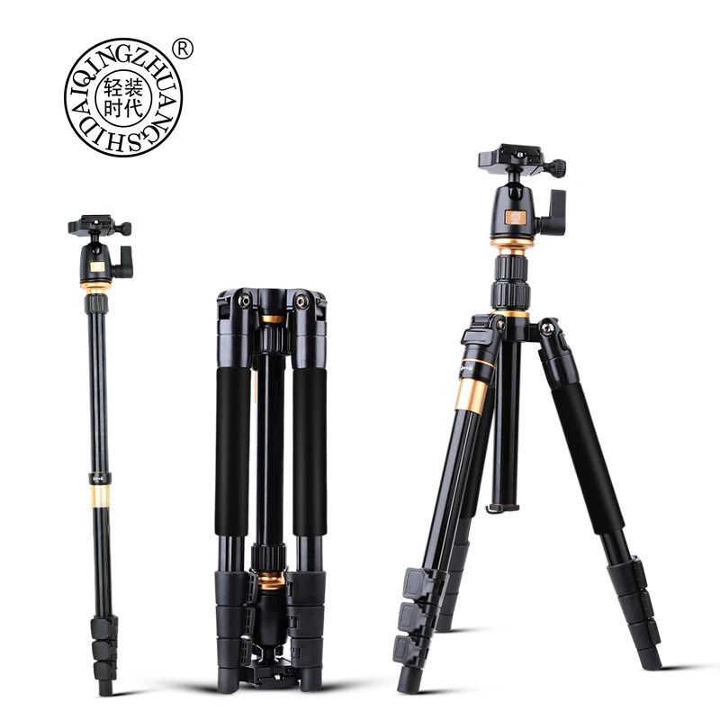 

60'' 2 Section Center Pipe Q555 12'' Folded Fluid Ball Head Portable Magnesium Aluminium Tripod For Digital Video DSLR Camera, Gold;customize ok