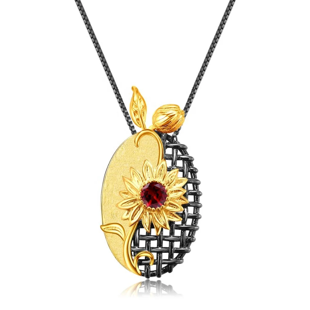 

Abiding wholesale natural garnet gemstone gold plated 925 sterling silver jewelry sunflower pendant