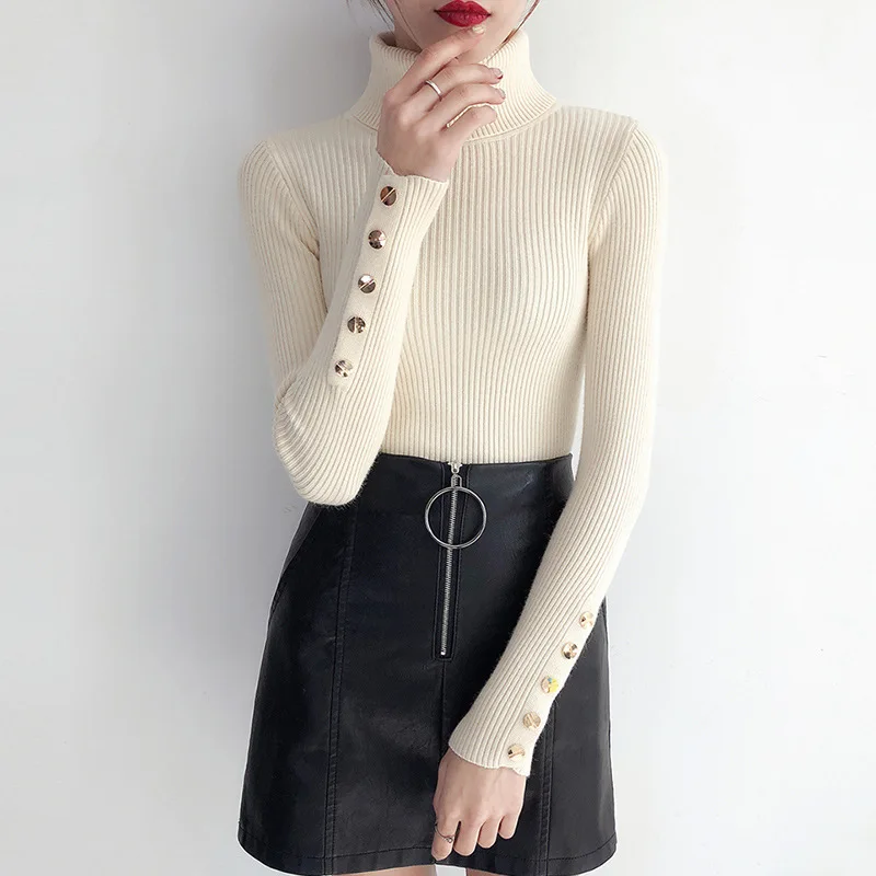 

2018 new arrival turtleneck slim fit long sleeve with button woman sweater, Grey;deep grey;navy;bordeaux