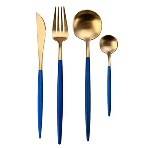 Image of 4pc Matte brushed navy blue and gold cutlery set for xmas party rentals, cutipol goa flatware silverware with gift box