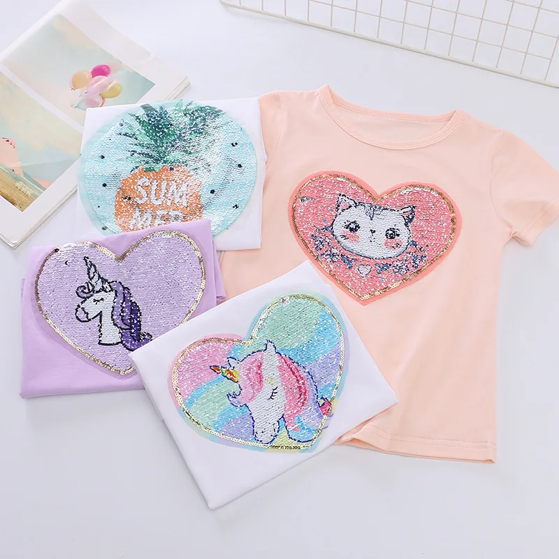 

CT-001 2019 fashion unicorn print sequined t shirts short sleeve knitted shirts for children girls Boutique magic top, Multicolor as picture show