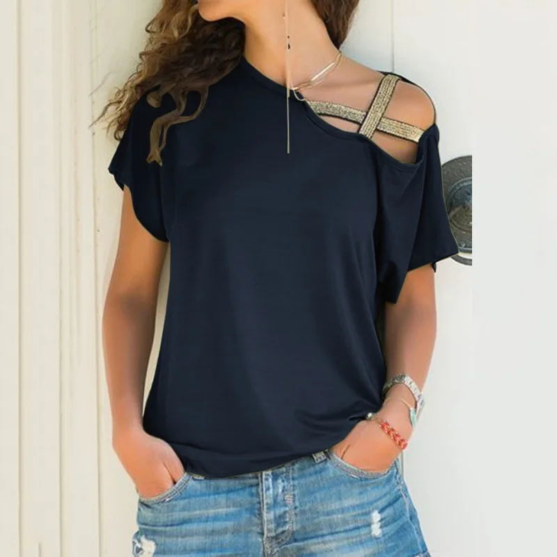 

S-5XL Women Skew Neck Irregular Cross Blouse Patchwork Solid Tops Blusa Femme One Shoulder Summer Shirt Hollow Plus Size, As the pictures shown