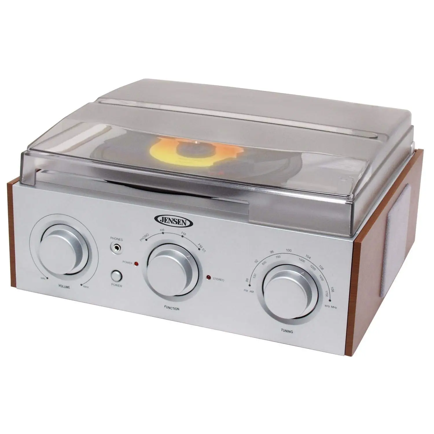 Jensen 3-Speed Stereo Turntable with AM/FM Stereo Radio with 2 Built-In Speakers, External Stereo Speaker Output Terminals, Stereo Headphone Jack,Transparent Dust Cover