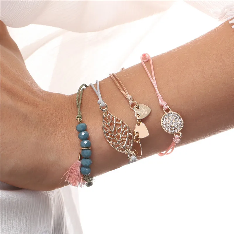 

Fashion Wholesale 4 Piece Set Alloy Leaf Peach Heart Beaded Wax Line Braided Bracelet Set For Women, Picture