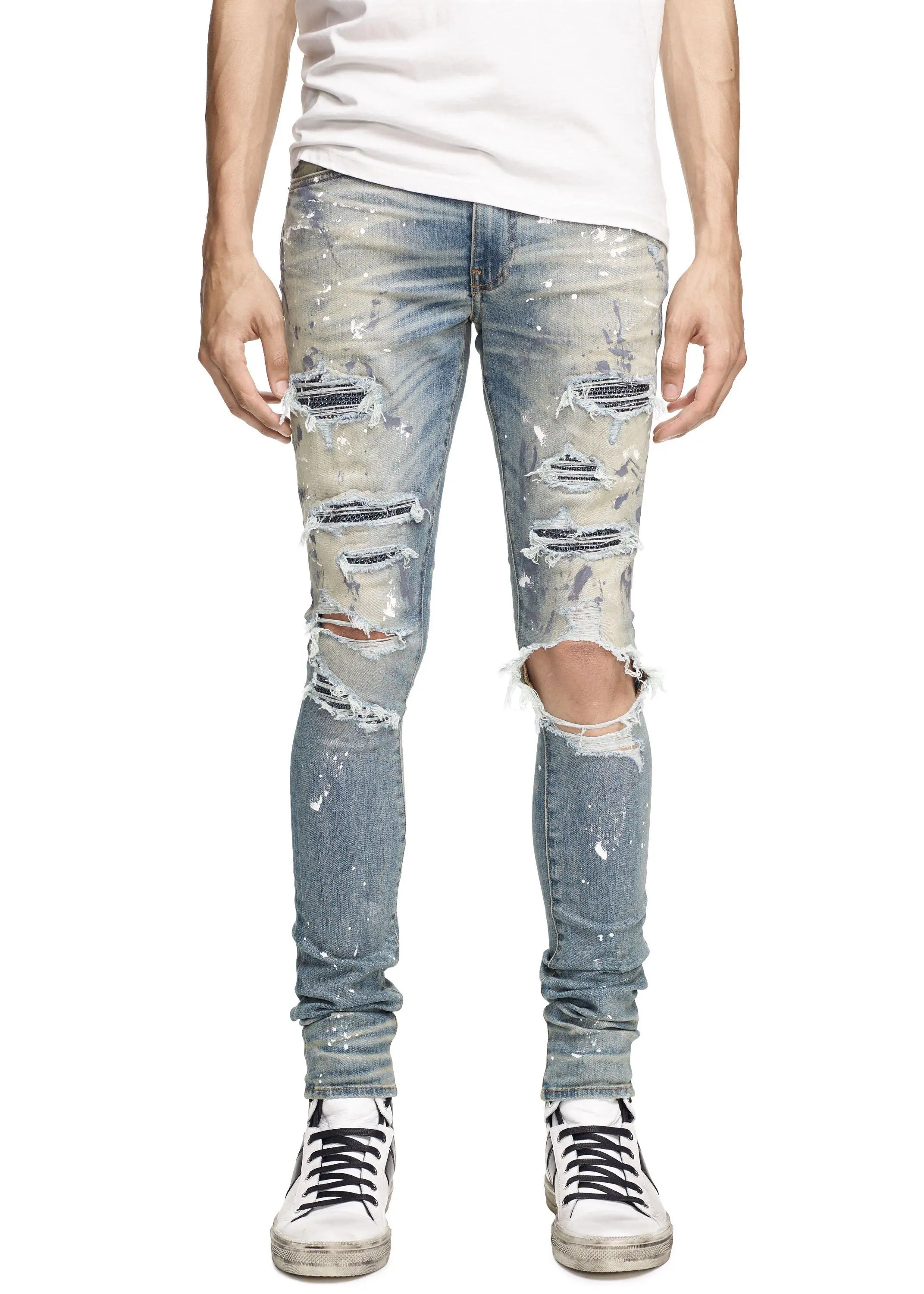 Diznew Classic Indigo Crystal Paint Distressed Jeans For Men - Buy ...