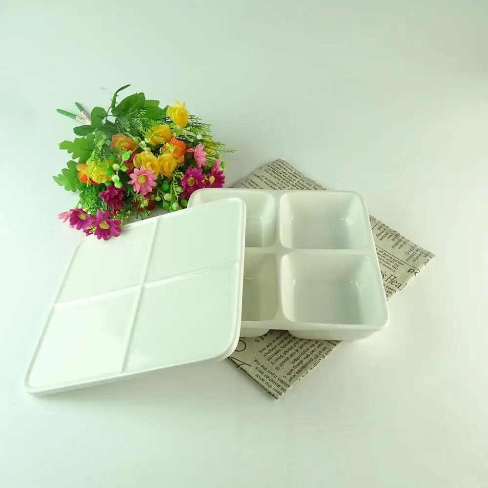 Stock Microwave Safe White Ceramic 4 Compartment Serving Bowl With Lid