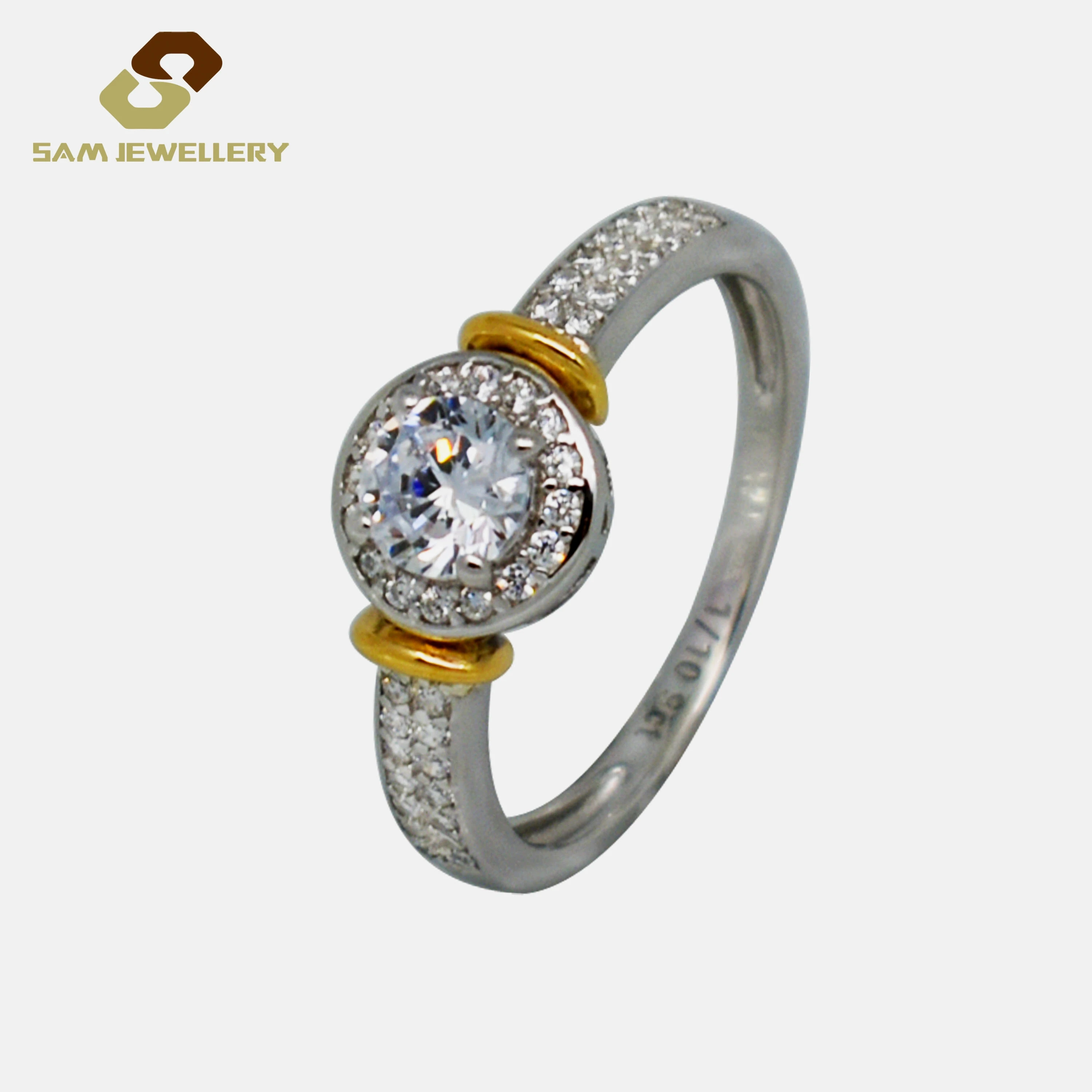 

Fashion 9 k Gold And Sterling 925 Silver Halo Prong Setting Zircon Stone Women's Promise Wedding Ring For Bridal Jewelry, Golden