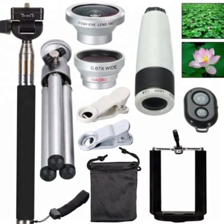 4 in 1 12x Zoom Telephoto Lens + Fisheye + Wide Angle + Macro Lens with Phone Holder + Tripod for iPhone X/8/ 7 /6/6s /SE