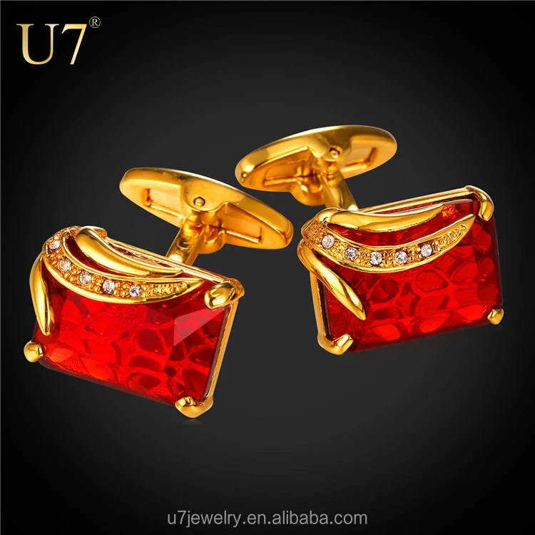 

high quality Red Crystal Cufflinks For Mens With Brand Box For Wedding Groom Shirts Gold/Platinum Plated Mens Cufflinks, Gold/platinum color