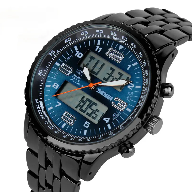 

SKMEI 1032 Men's LED Digital+Quartz Luxury Brand Military relogio masculino Full Stainless Steel Men Wristwatch, 2 color for you choose