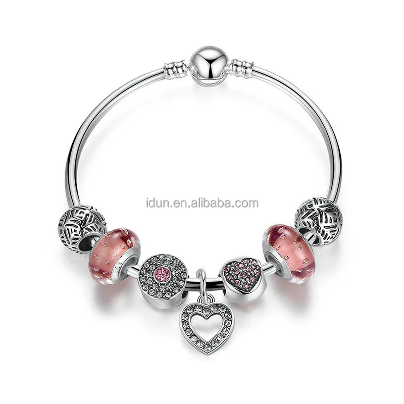 

925 Sterling Silver Plated Crystal Rhinestone Micro Paved Heart Charm Bracelet European Murano Glass Beads Charm Bracelet Bangle