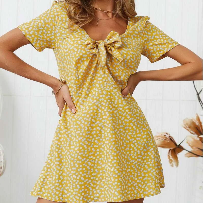 

Wholesale Sexy Plus Size V Neck Short Sleeve Mini Dress Knot Front Polka Dot Print Solid Color Casual Skirt, As picture