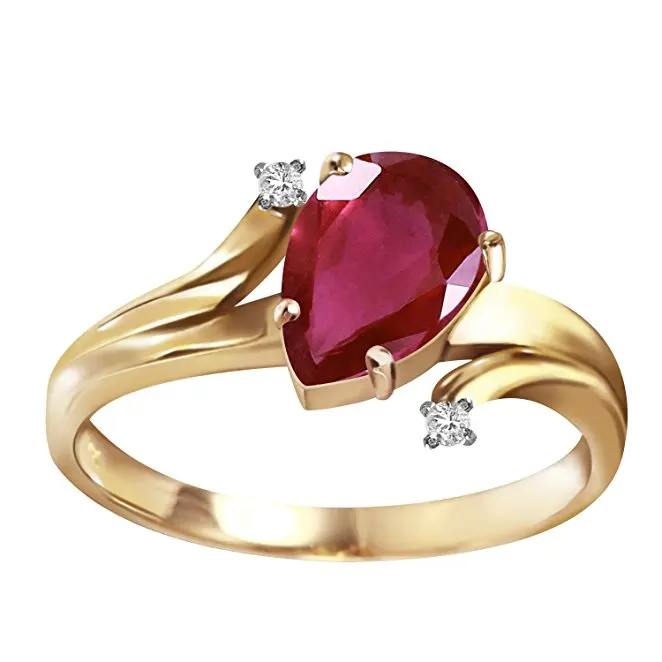 14k Solid Gold Ring with CZ Diamonds and Pear-shaped Ruby