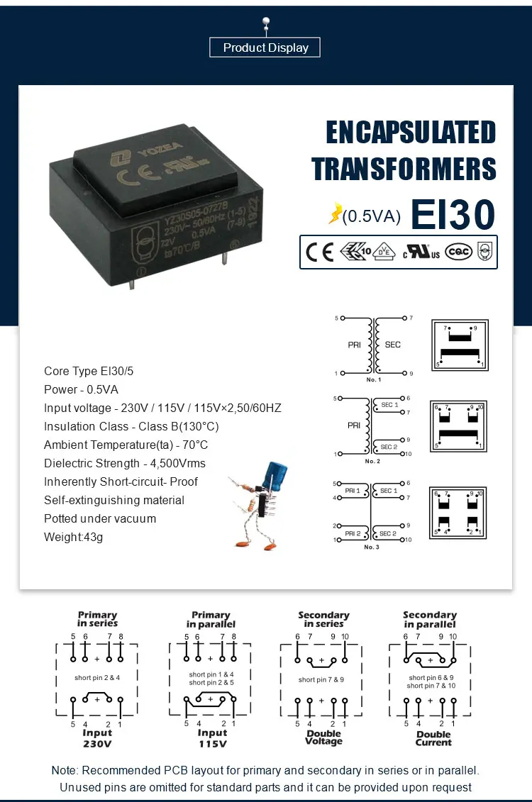 EI30/5 , 0.5VA CE ROHS UL VDE 240v to 7.5v power supply Transformers