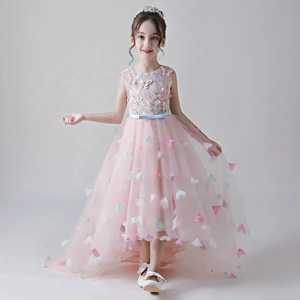 

2019 design Short Front Back Long Flower Dresses With Long Tail, Pink