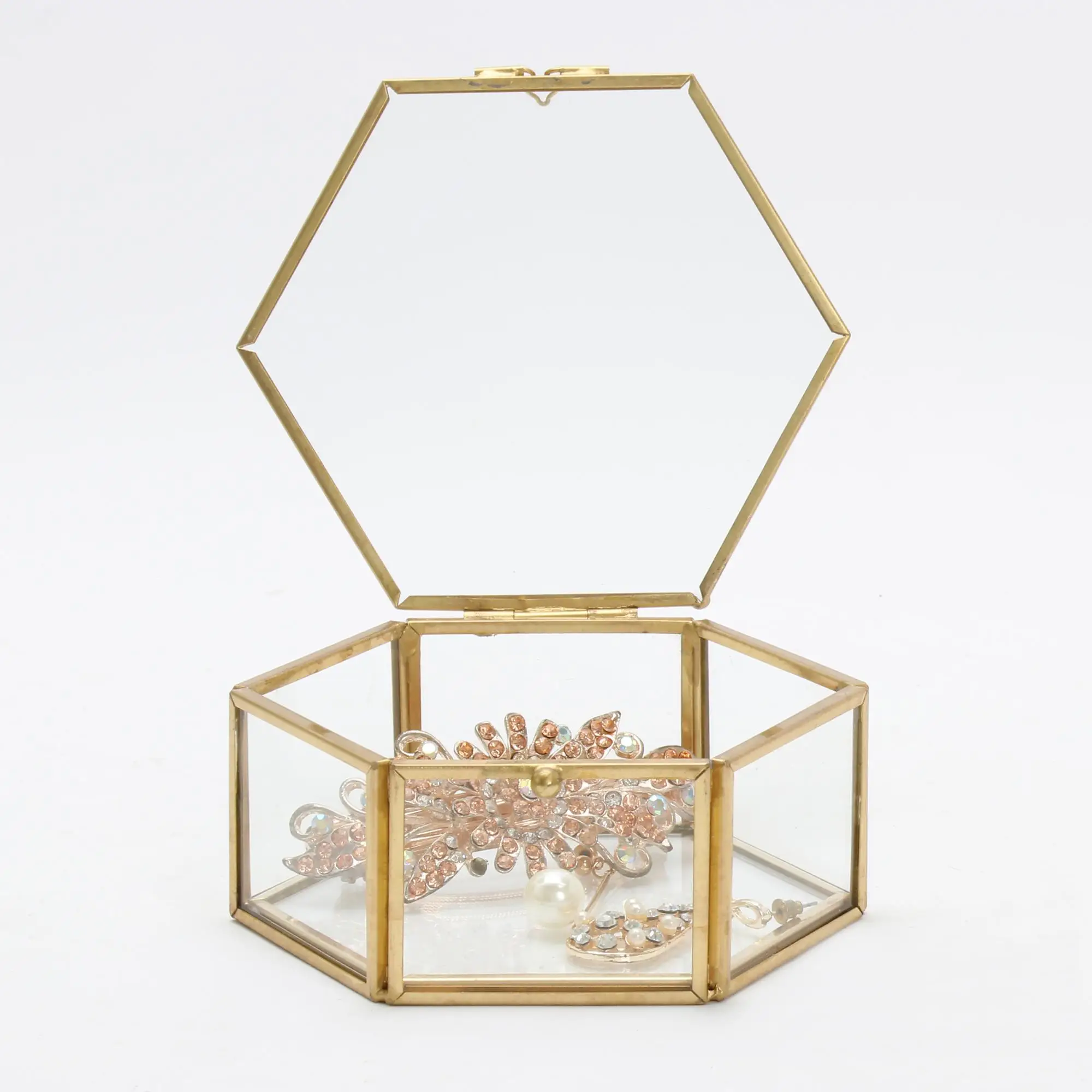 Vintage Hexagon Glass Brass Metal Jewelry Box Buy Jewelry Box,Storage