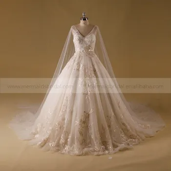 Vintage V Neck A Line Lace Applique Sequins Wedding Dress Long