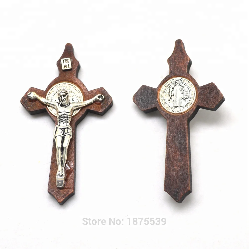 

Handmade Catholic St Benedict Cross Alloy Figurine Wooden Material Jesus crucifix Pendant