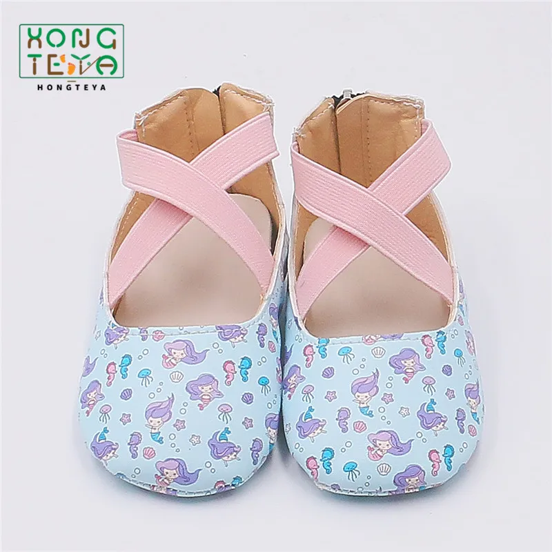 

Blue PU leather Mermaid pattern rubber flat sole slip-on anti-slip baby shoes