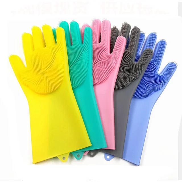 

Amazon Hot Sale Heat Resistant Magic Silicone Dish washing Gloves With Wash Scrubber, Red, yellow, black, grey, pink orange,or customized
