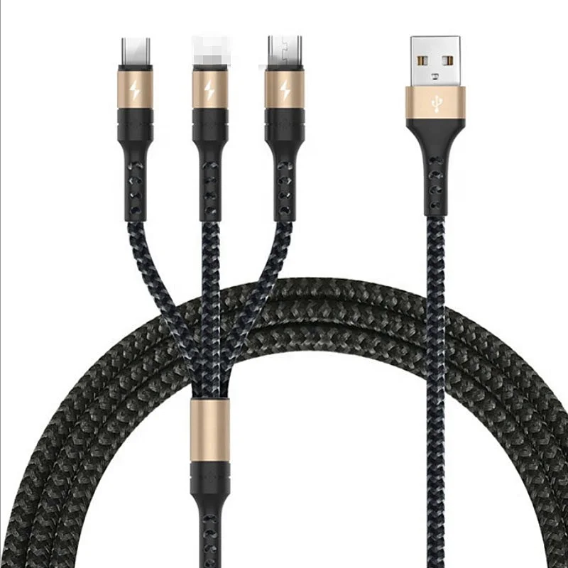 

Factory promotional Price high quality 3A fast charging nylon braided 3in1 usb cable for iphone&android&type c 3in1, Blue;black;gold;red