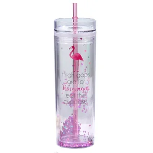 Image of 16oz skinny tumbler sequin flamingo doubler wall plastic juice tumbler with straw